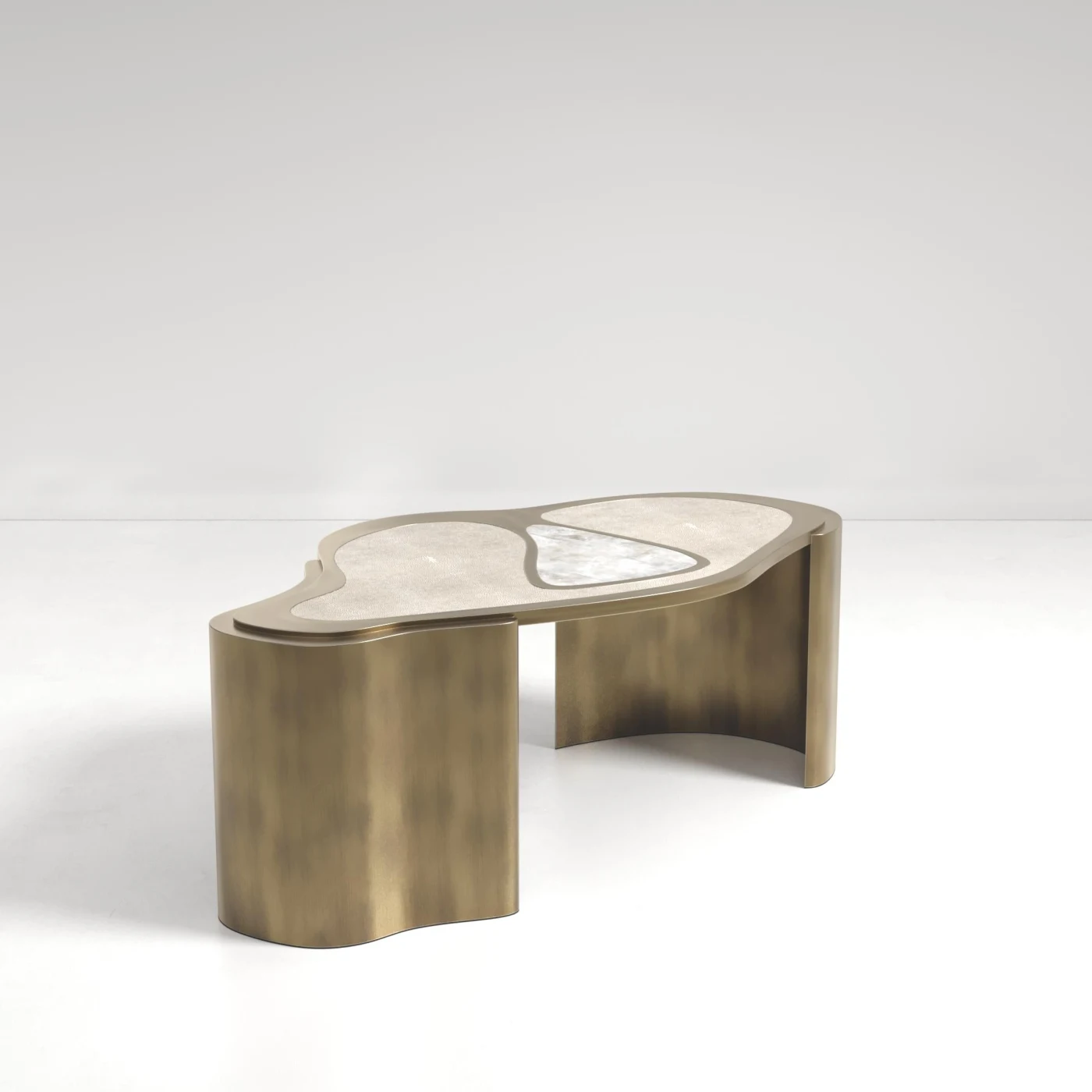 Cream Shagreen Coffee Table with Bronze Patina Brass