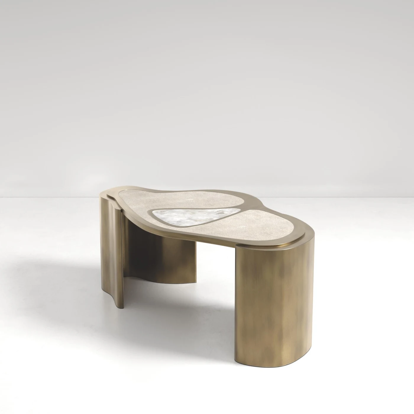 Cream Shagreen Coffee Table with Bronze Patina Brass