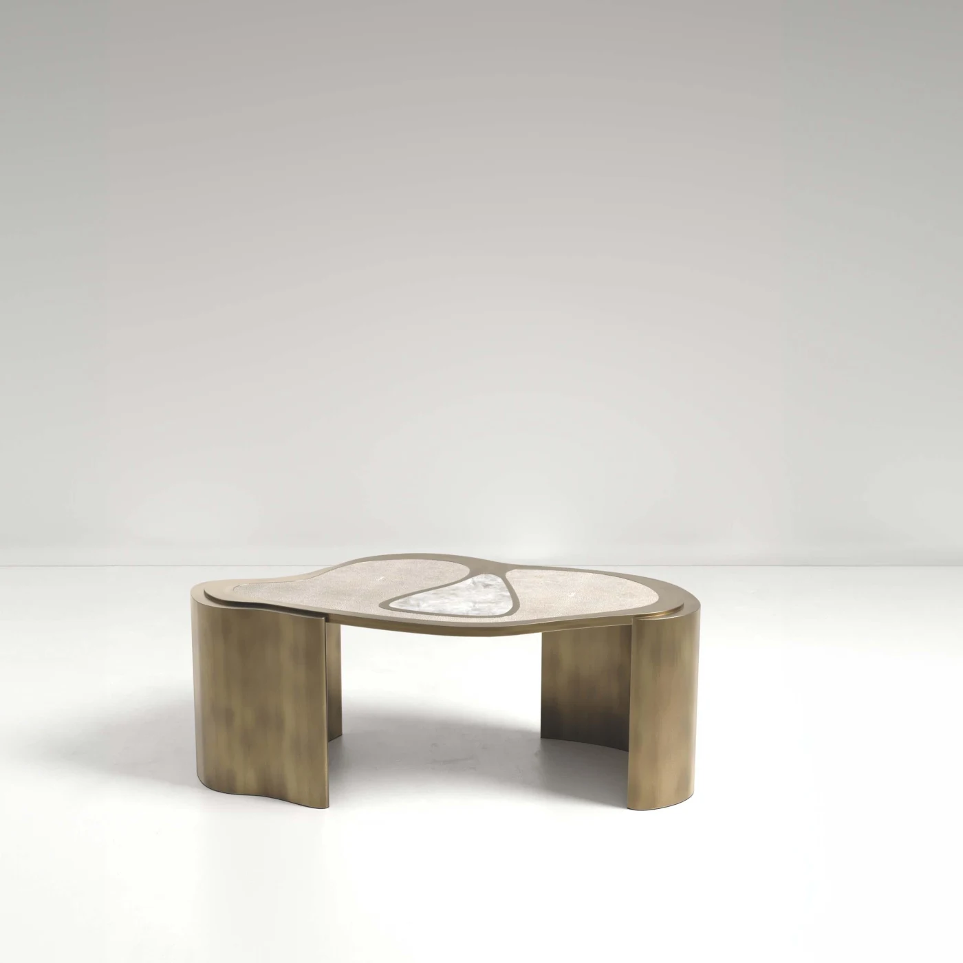 Cream Shagreen Coffee Table with Bronze Patina Brass