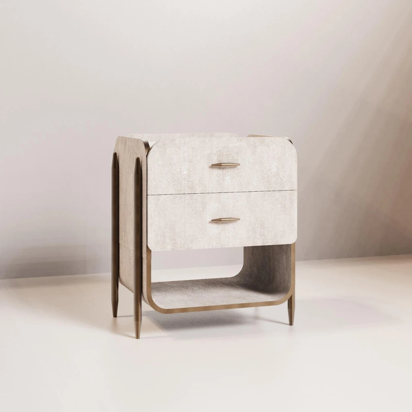 Cream Shagreen Nightstand with Brass Accents