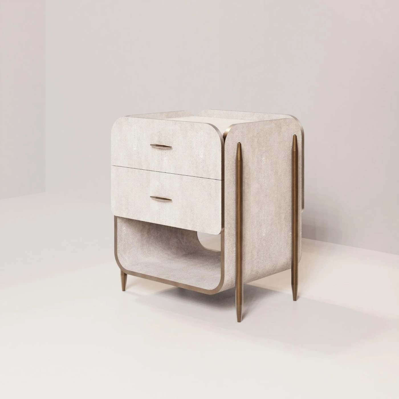 Cream Shagreen Nightstand with Brass Accents