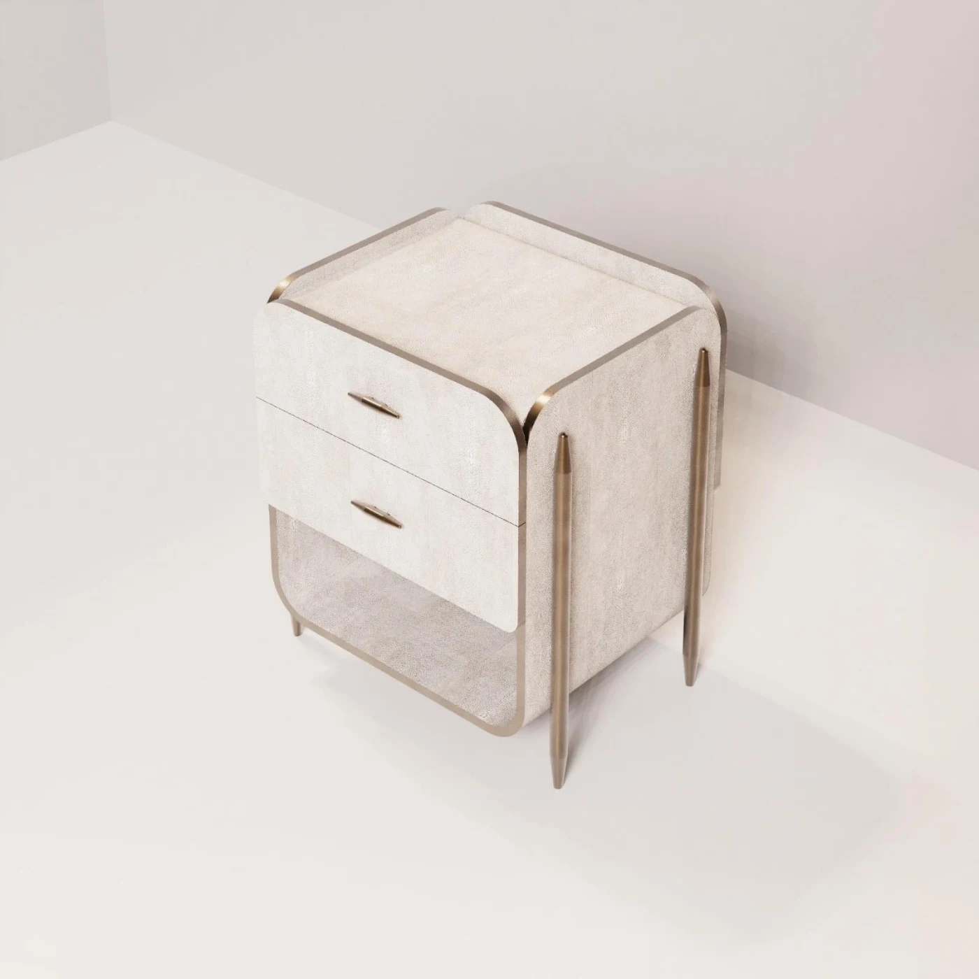 Cream Shagreen Nightstand with Brass Accents