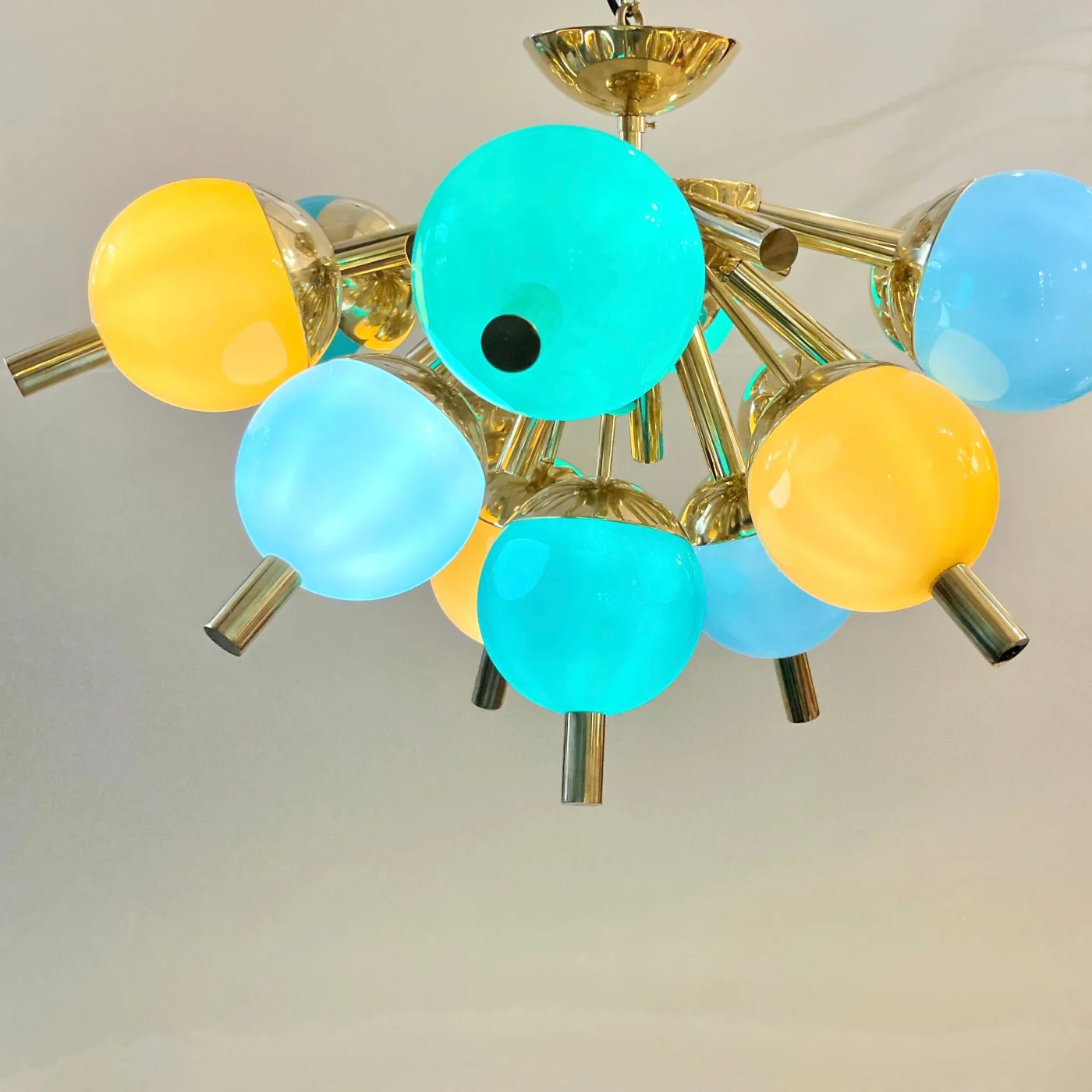 Custom Italian Green Turquoise Gold Murano Glass Brass Sputnik Globe Flushmount