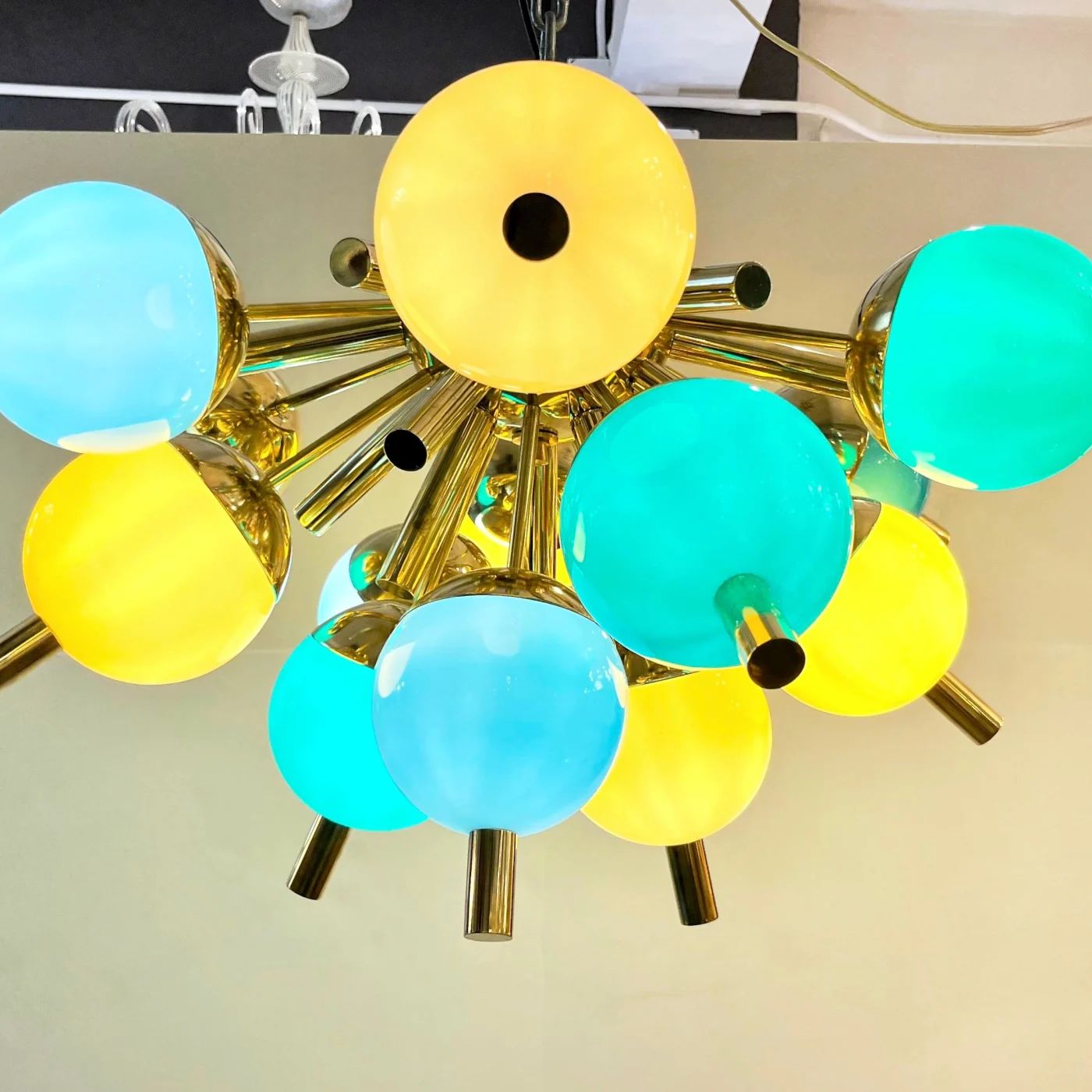 Custom Italian Green Turquoise Gold Murano Glass Brass Sputnik Globe Flushmount