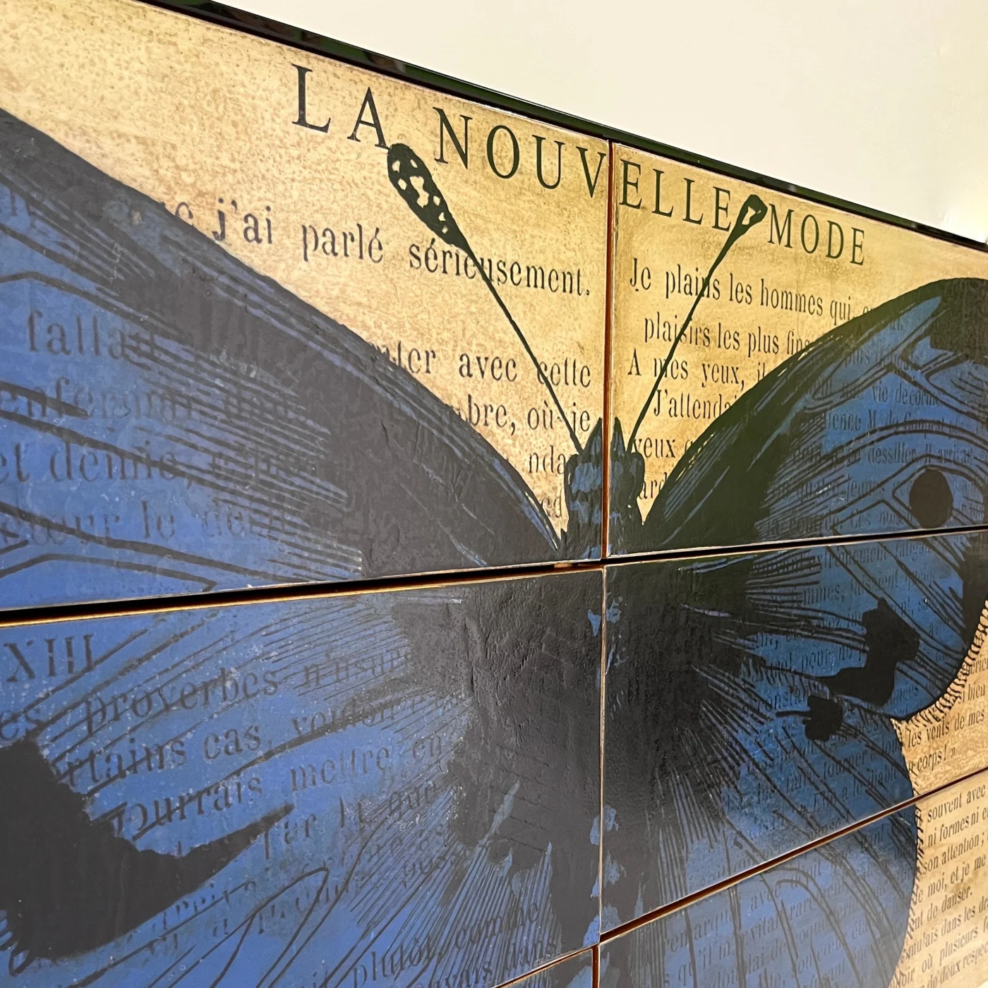 Printed Pop Art Black & Blue Butterfly Lacquer Wood Chest