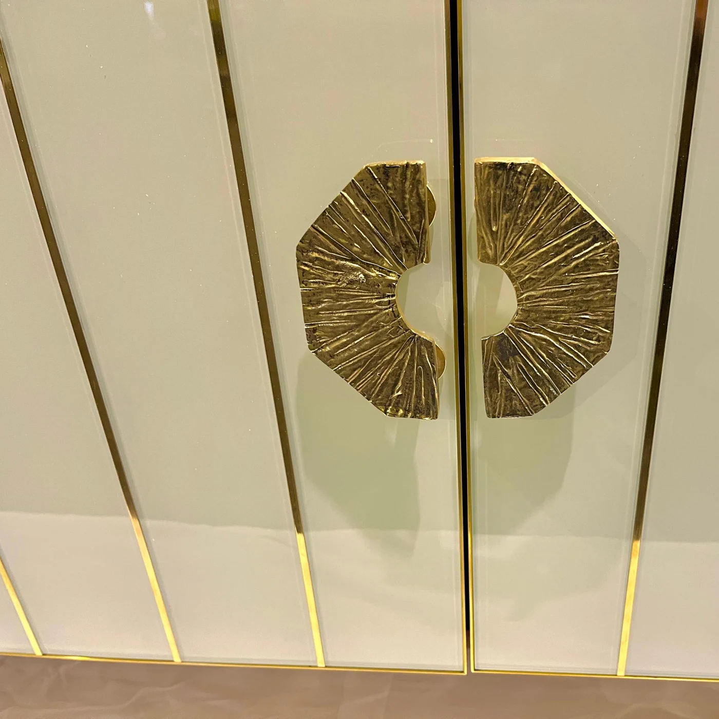 Art Deco Style Ivory White Glass & Brass Modern Cabinet