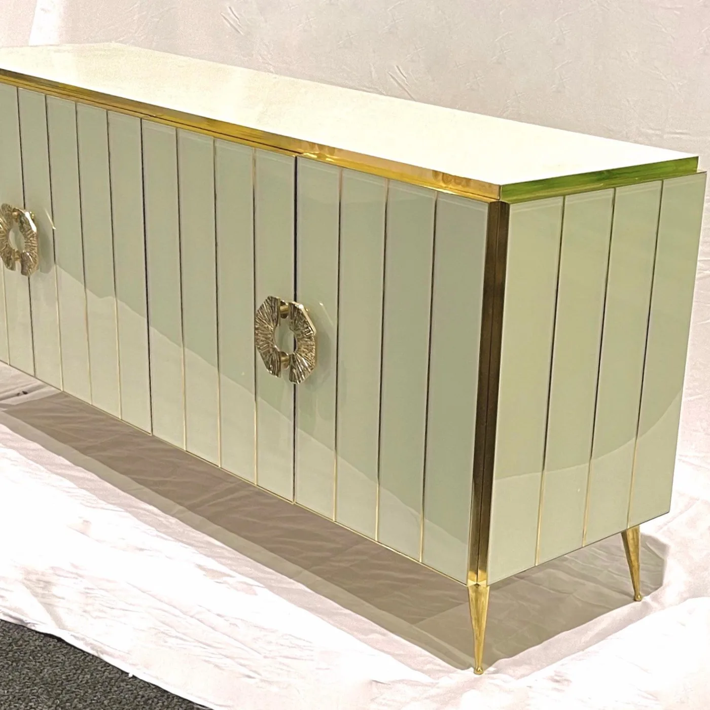 Art Deco Style Ivory White Glass & Brass Modern Cabinet