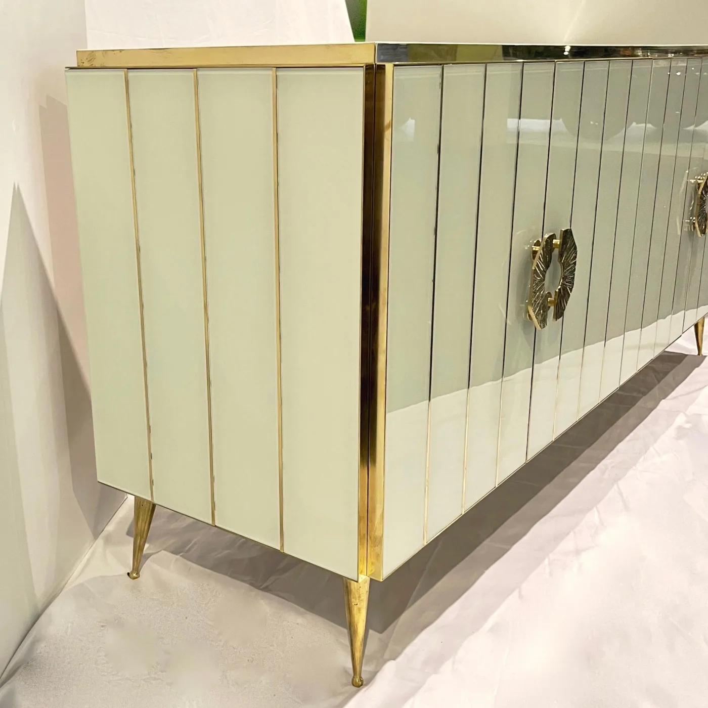 Art Deco Style Ivory White Glass & Brass Modern Cabinet