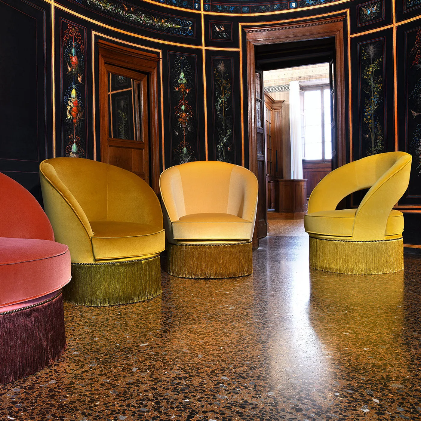 Dione Small Ocher Armchair With Fringes