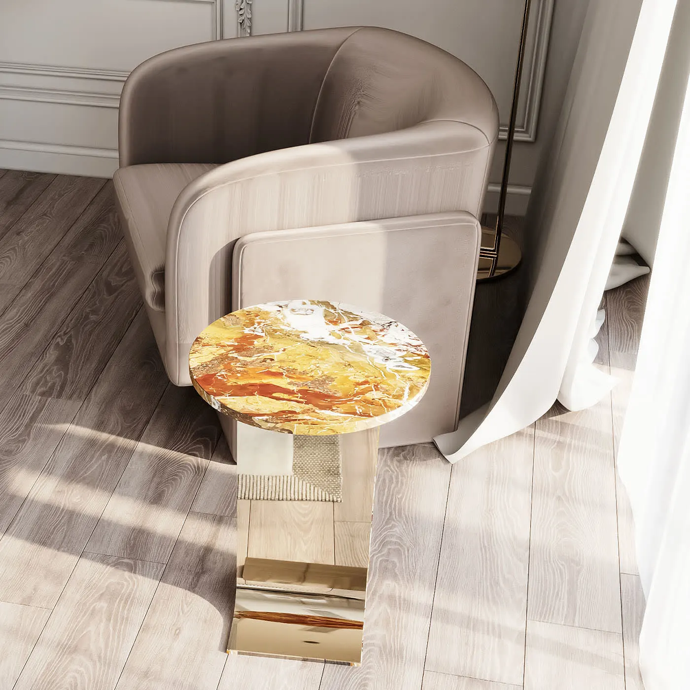 Hani Orange Marble With Gold Finish Metal Structure Side Table