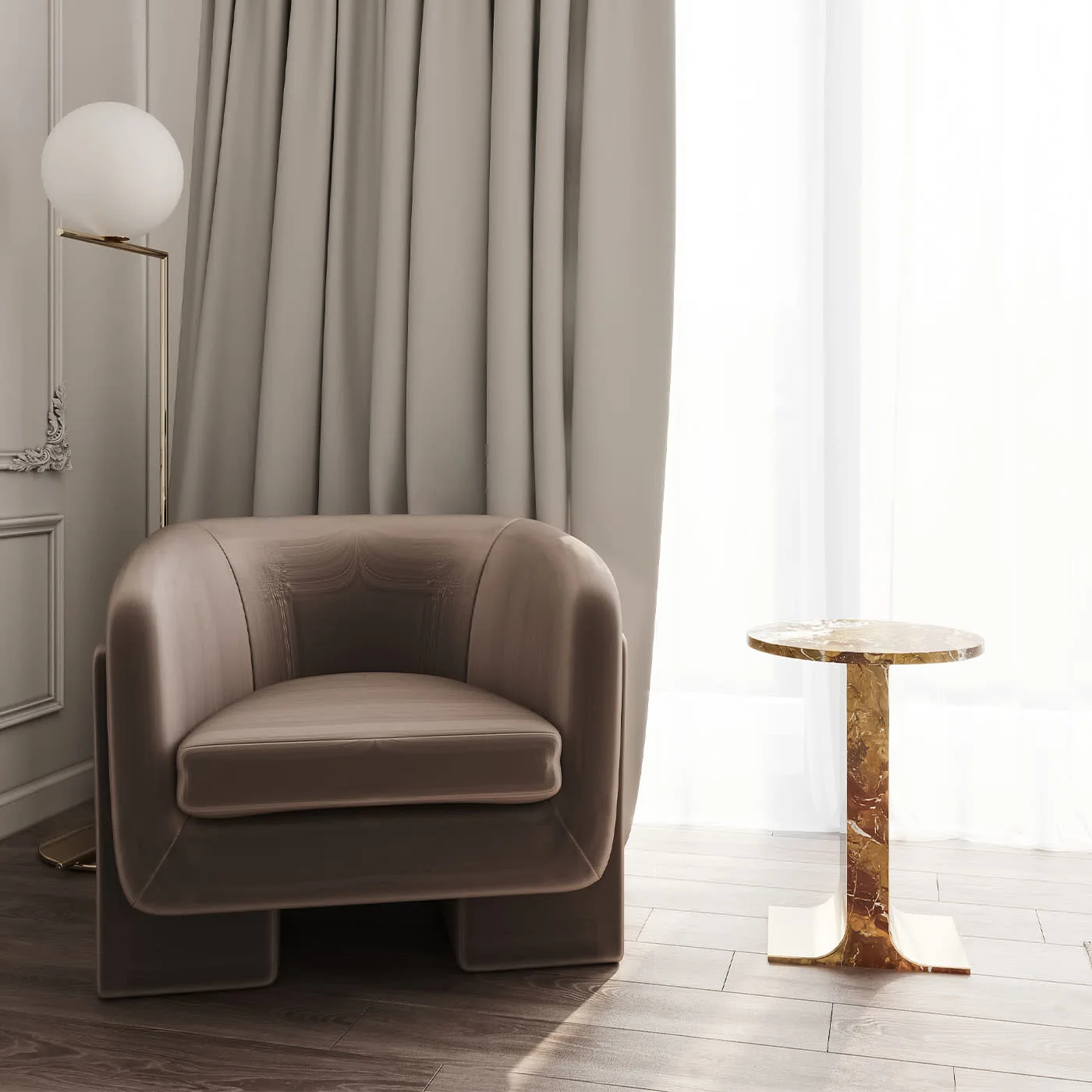 Hani Orange Marble With Gold Finish Metal Structure Side Table