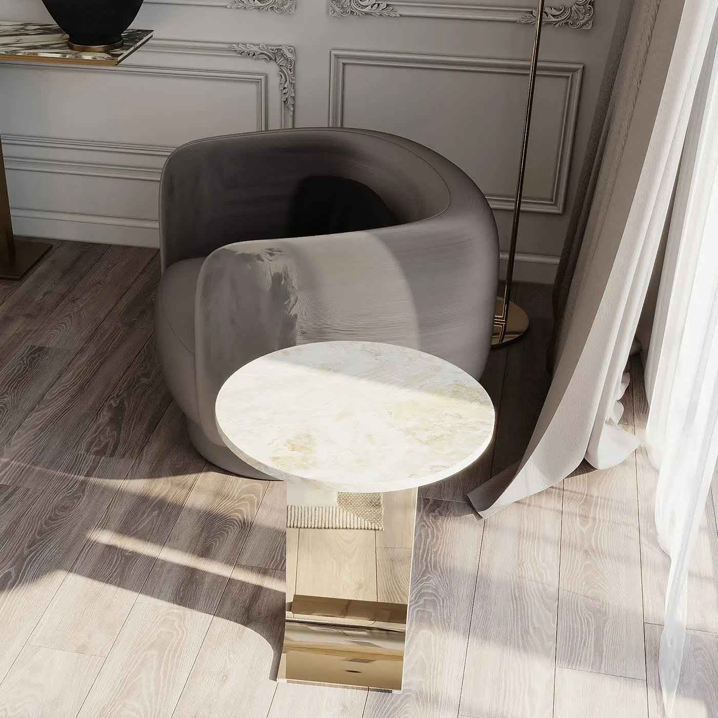 Hani White Marble With Gold Finish Metal Structure Side Table