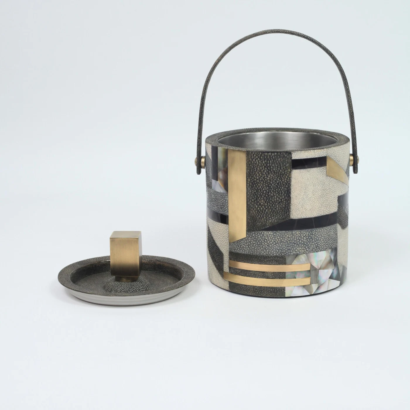 Ice Bucket in Shagreen Shell & Bronze Patina Brass