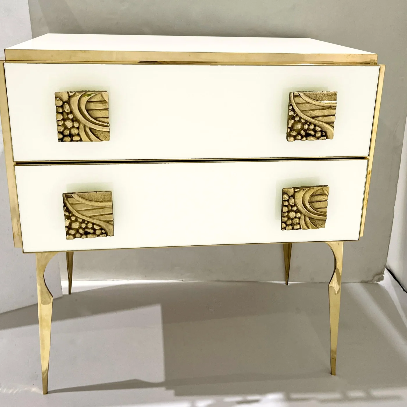 Modern Cream & White Glass 2 Drawer Brass Nightstand Chest