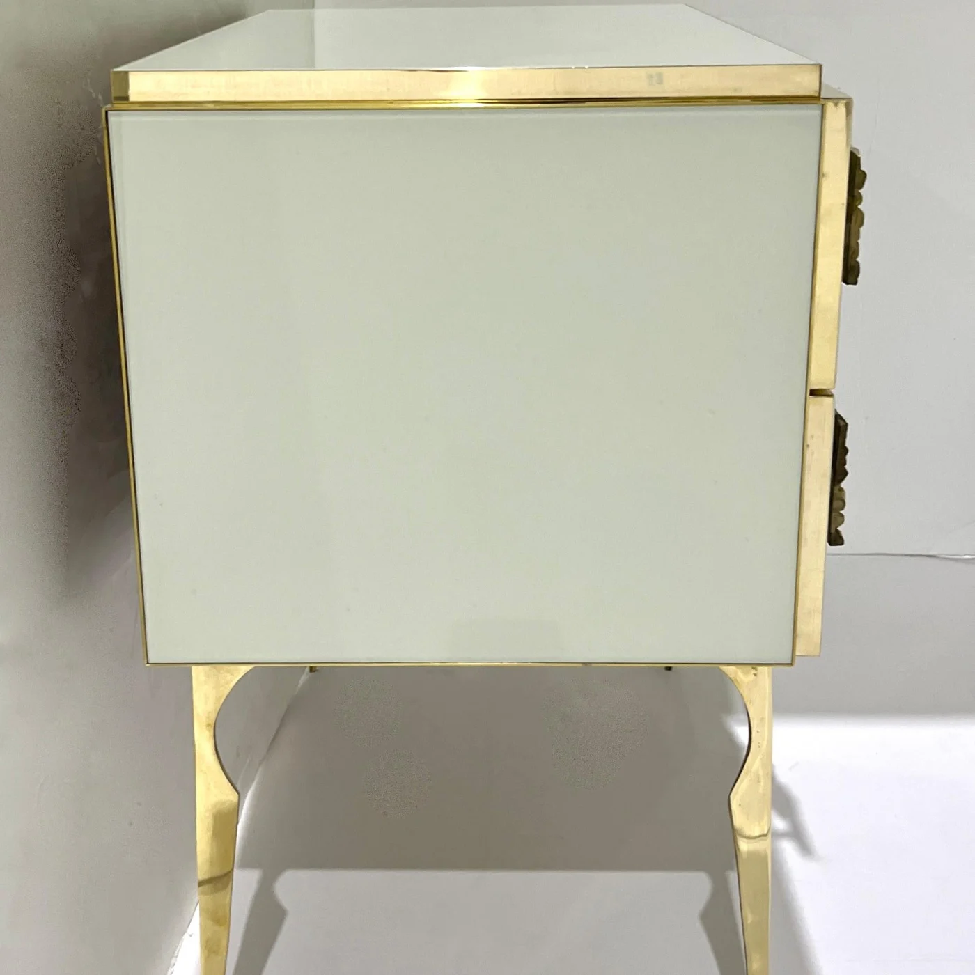 Modern Cream & White Glass 2 Drawer Brass Nightstand Chest