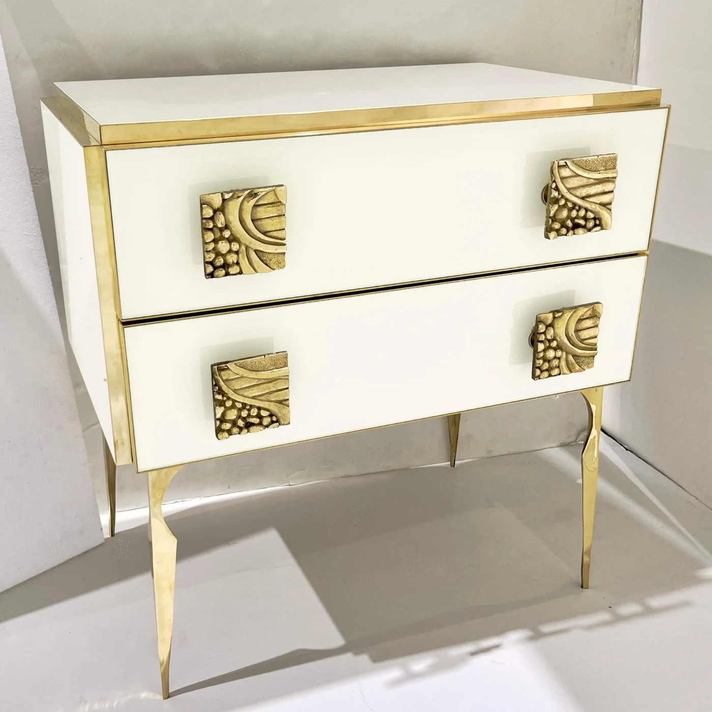 Modern Cream & White Glass 2 Drawer Brass Nightstand Chest