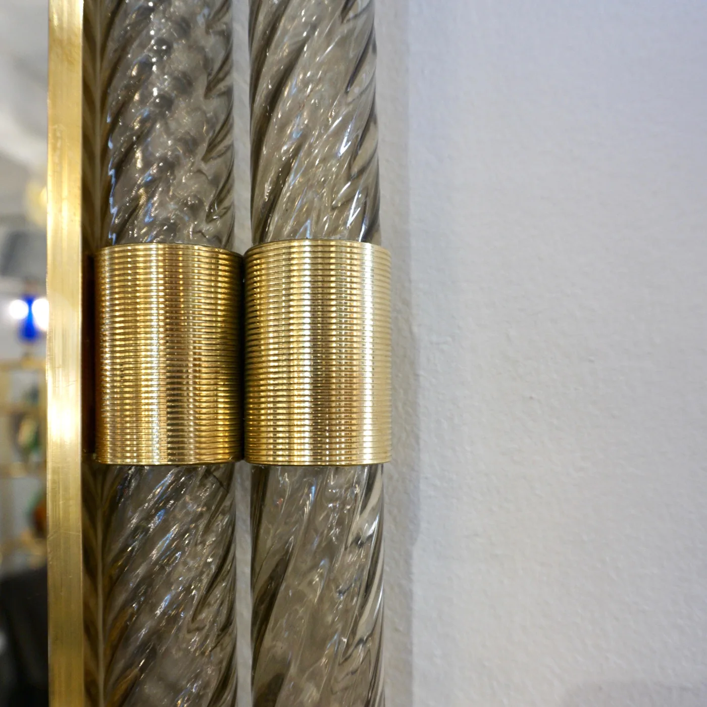 Art Deco Twisted Gray Smoked Murano Glass & Gold Brass Mirror