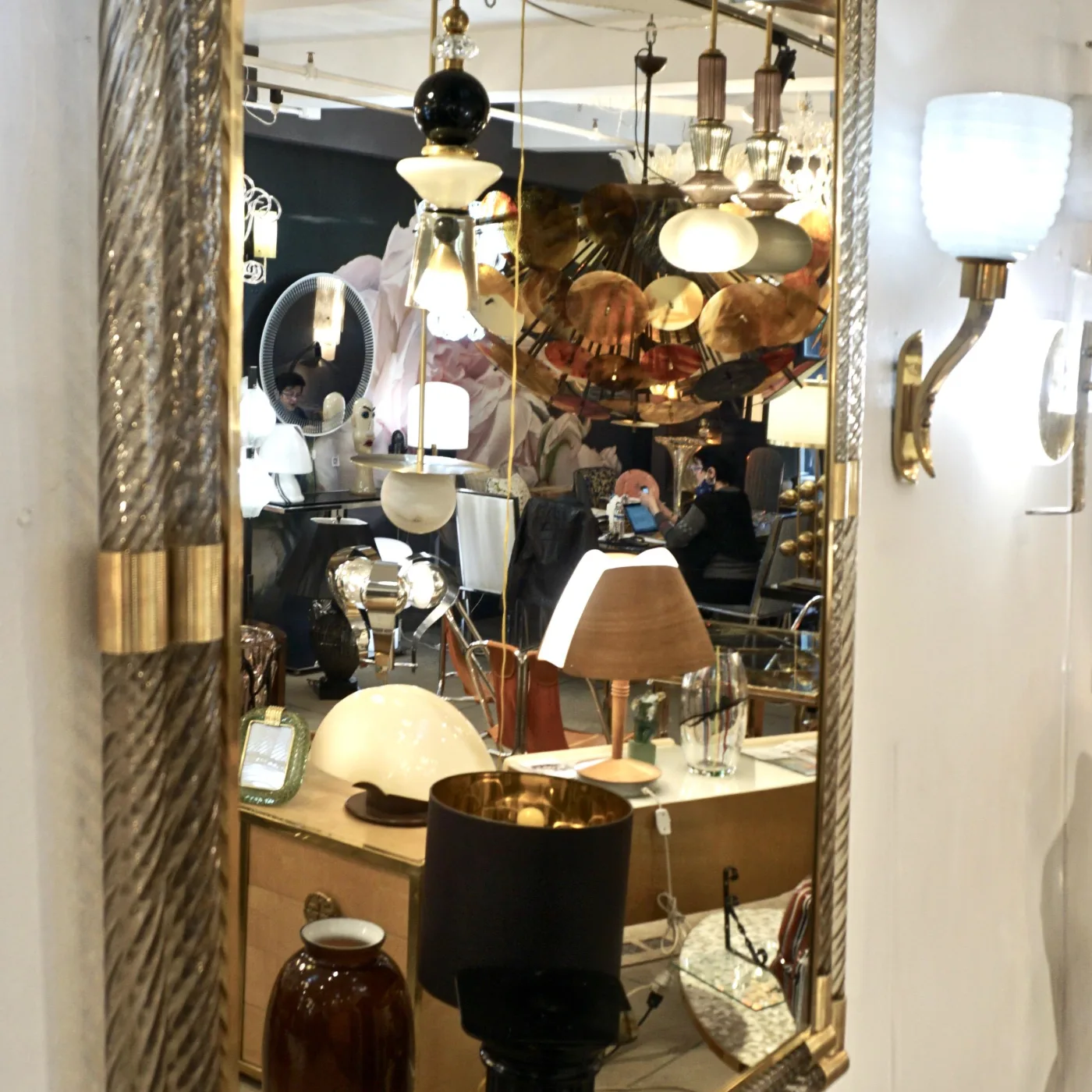 Art Deco Twisted Gray Smoked Murano Glass & Gold Brass Mirror