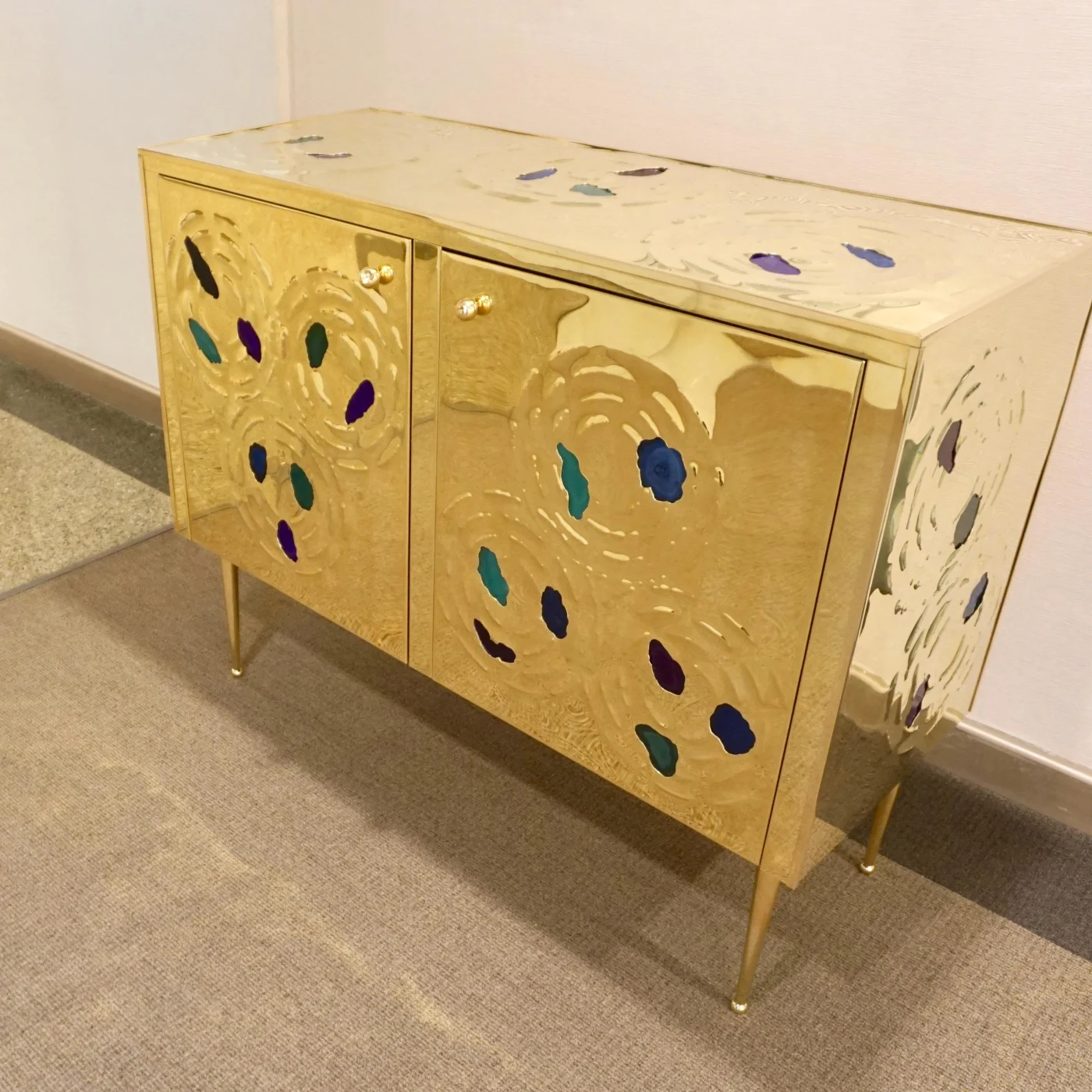 2 Door Brass Cabinet with Blue, Green & Purple Agate