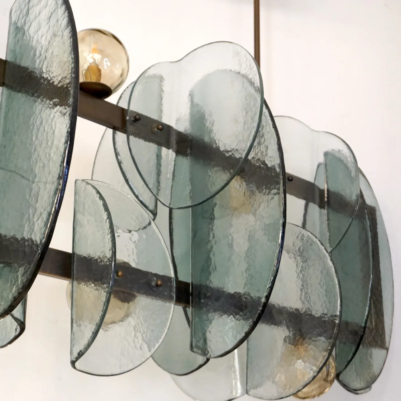 Modern Fontana Arte Style Aqua Murano Glass Geometric Bronze Chandelier