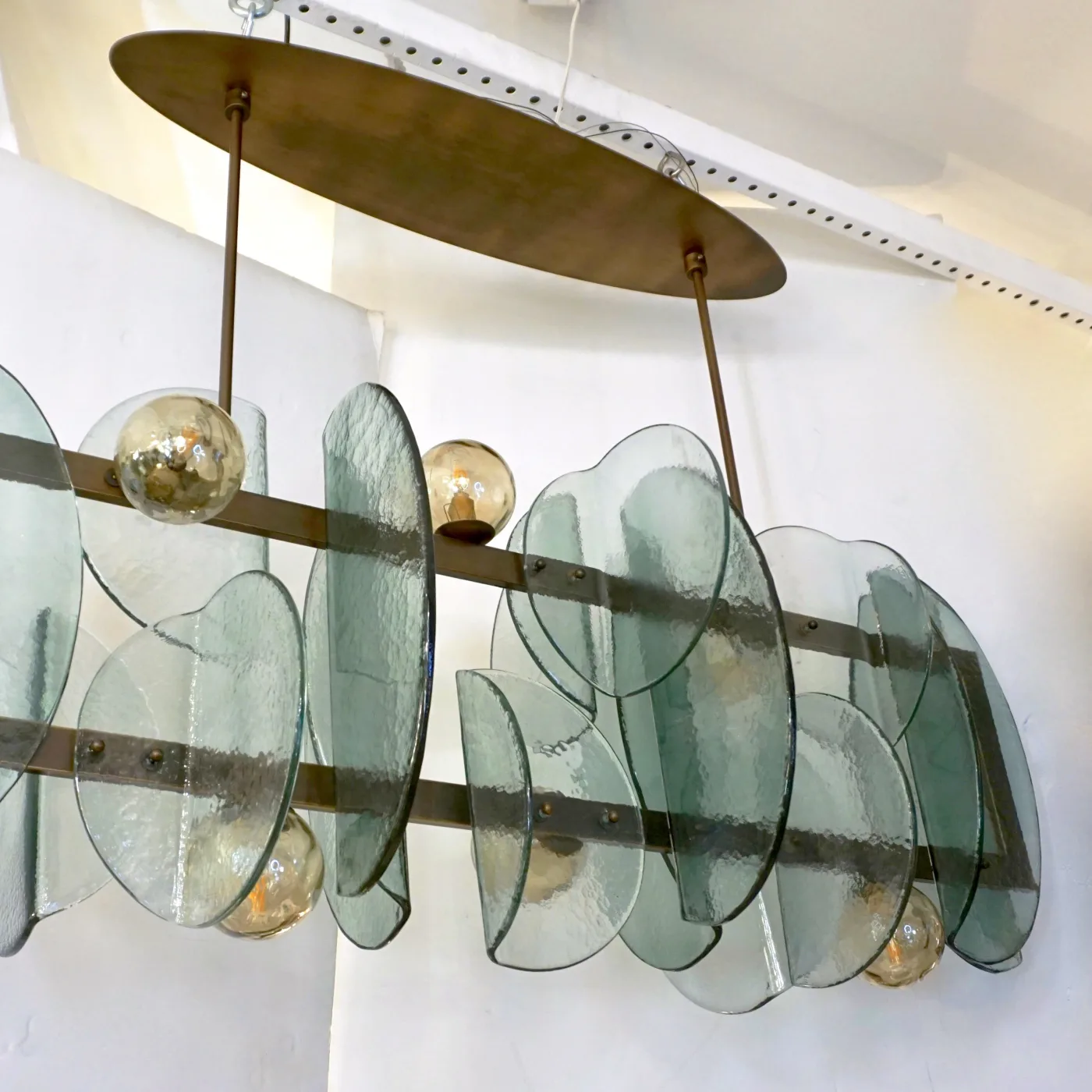 Modern Fontana Arte Style Aqua Murano Glass Geometric Bronze Chandelier