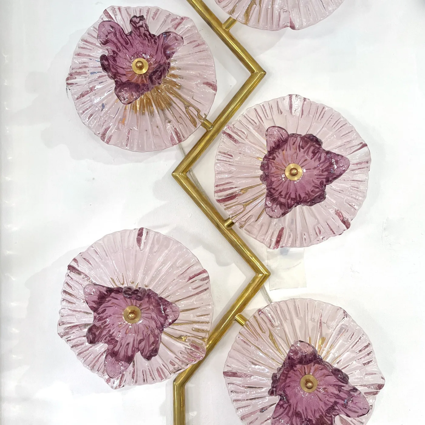 Pair of Pink Amethyst Murano Glass Flower Branch Wall Sconces