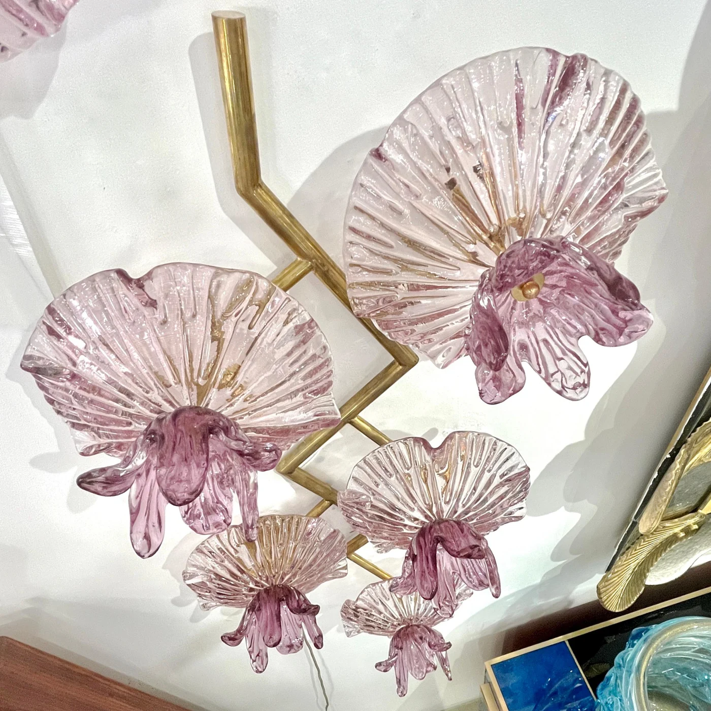 Pair of Pink Amethyst Murano Glass Flower Branch Wall Sconces