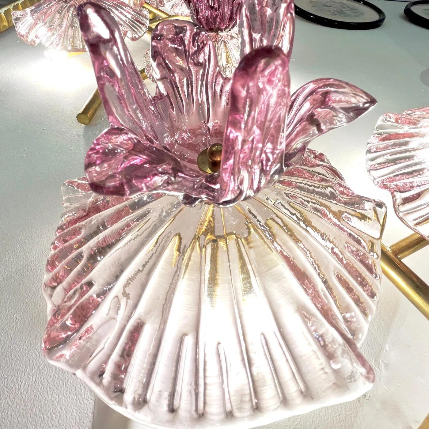 Pair of Pink Amethyst Murano Glass Flower Branch Wall Sconces