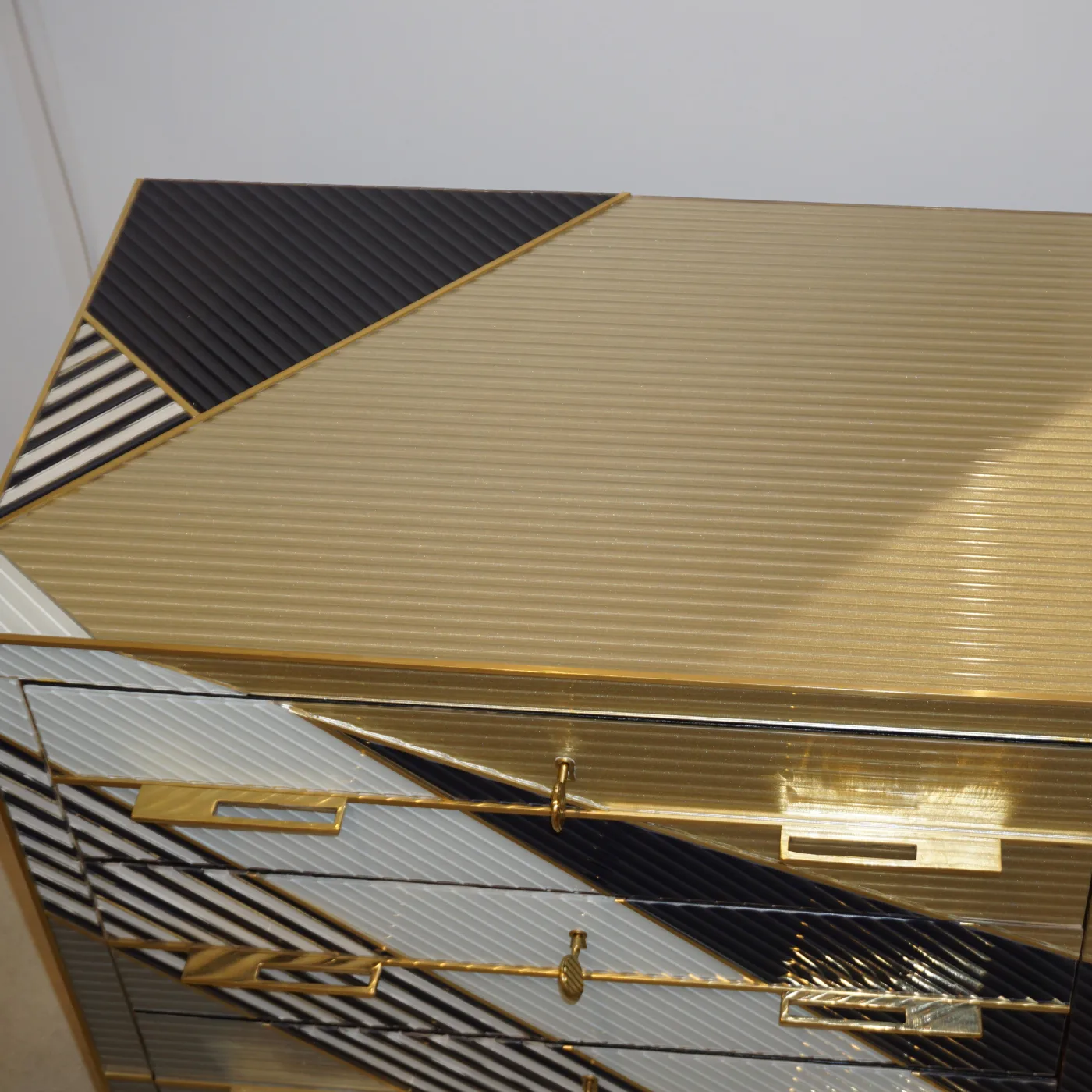 Dark Blue Cream Gold Grey Chest Nightstand on Brass Legs