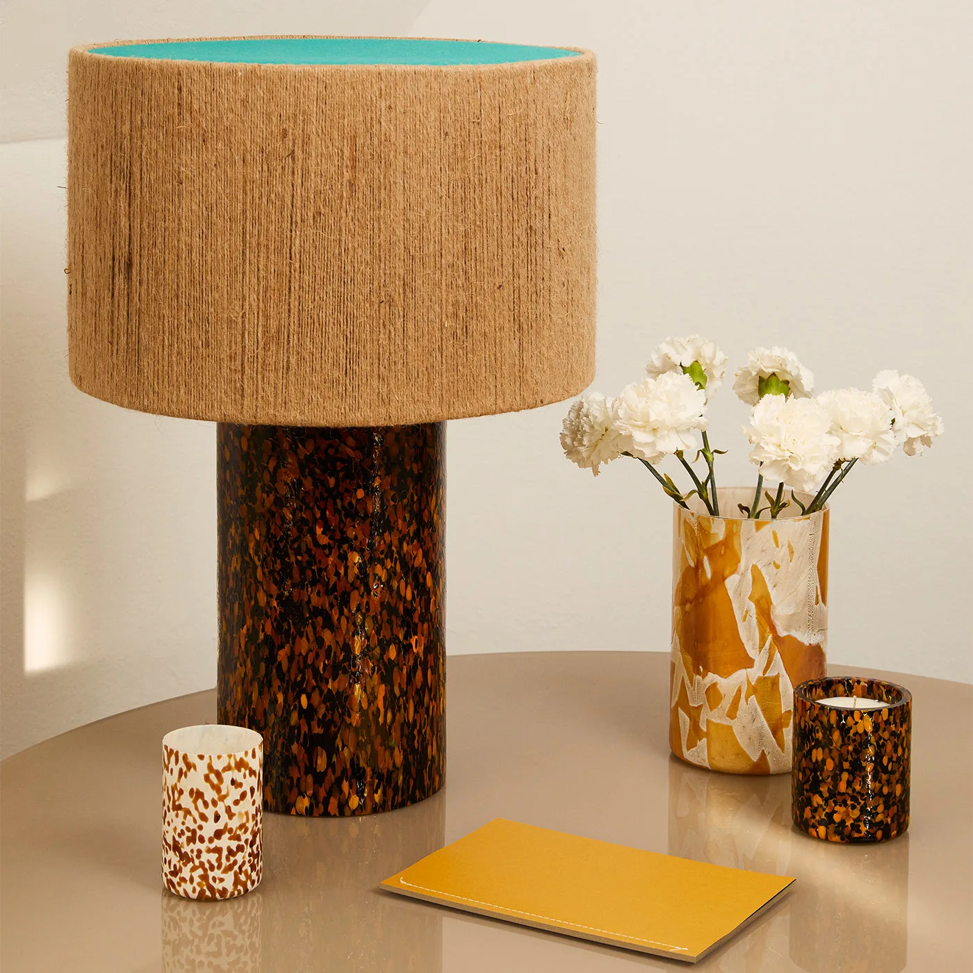 Leopardo Murano Glass Pillar Lamp with Rope & Cotton Lampshade