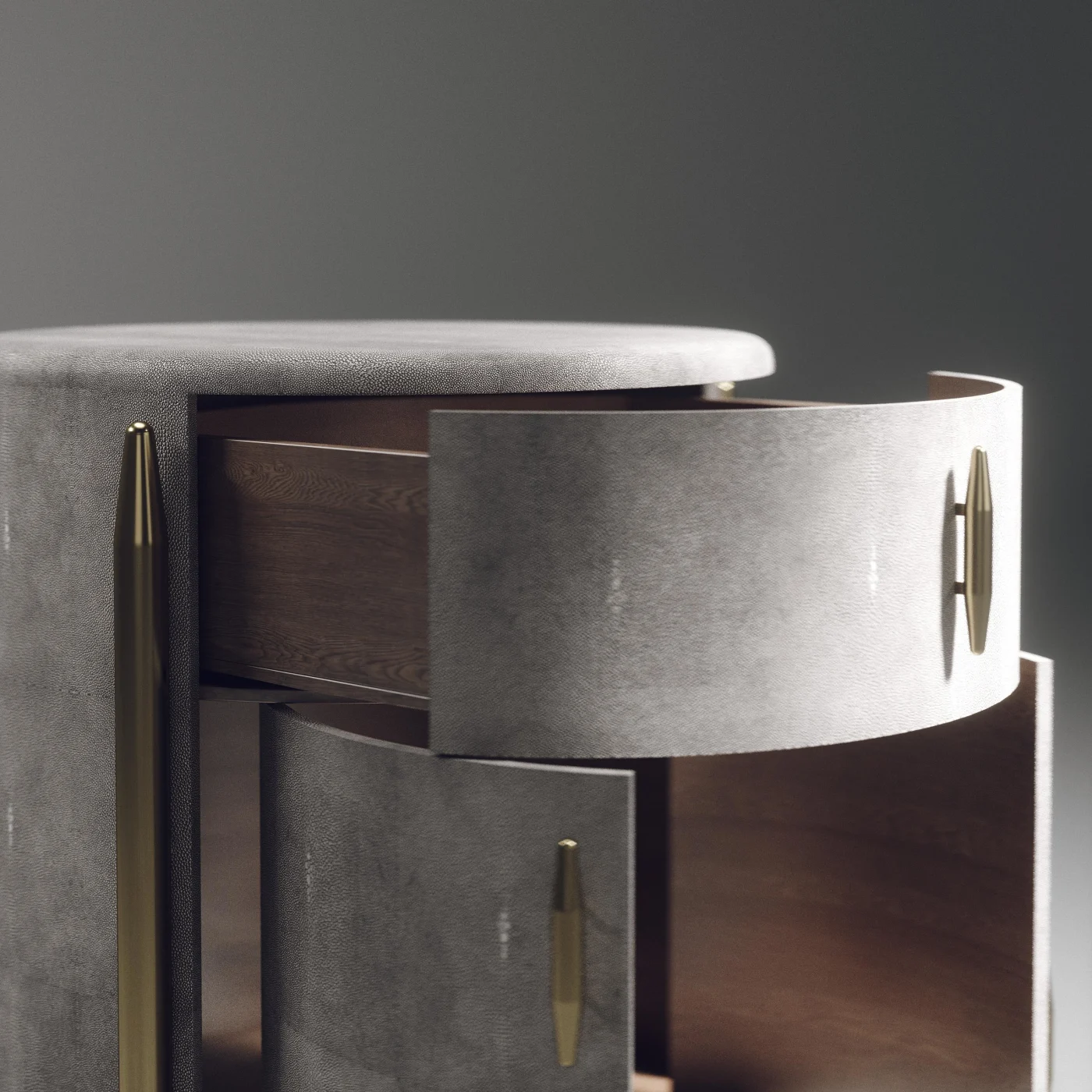 Light Grey Shagreen Night Stand with Brass Accents