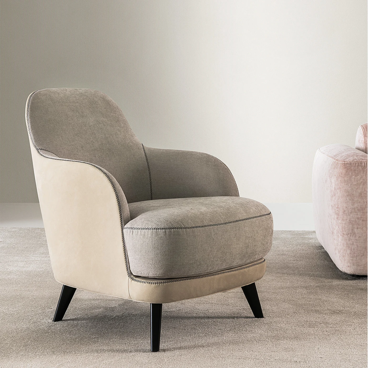 Liz Grey Leather & Taupe Fabric Armchair by Roberto Lazzeroni