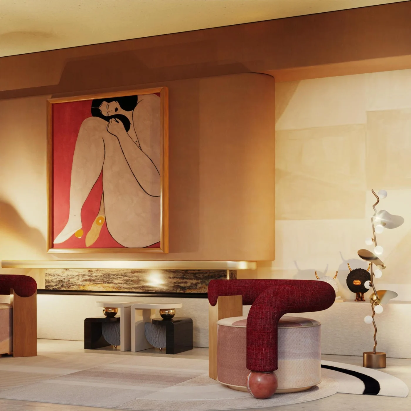 Memphis-Inspired Travertine Oak Bohld Side Table With Calactta Black & Gold Marble