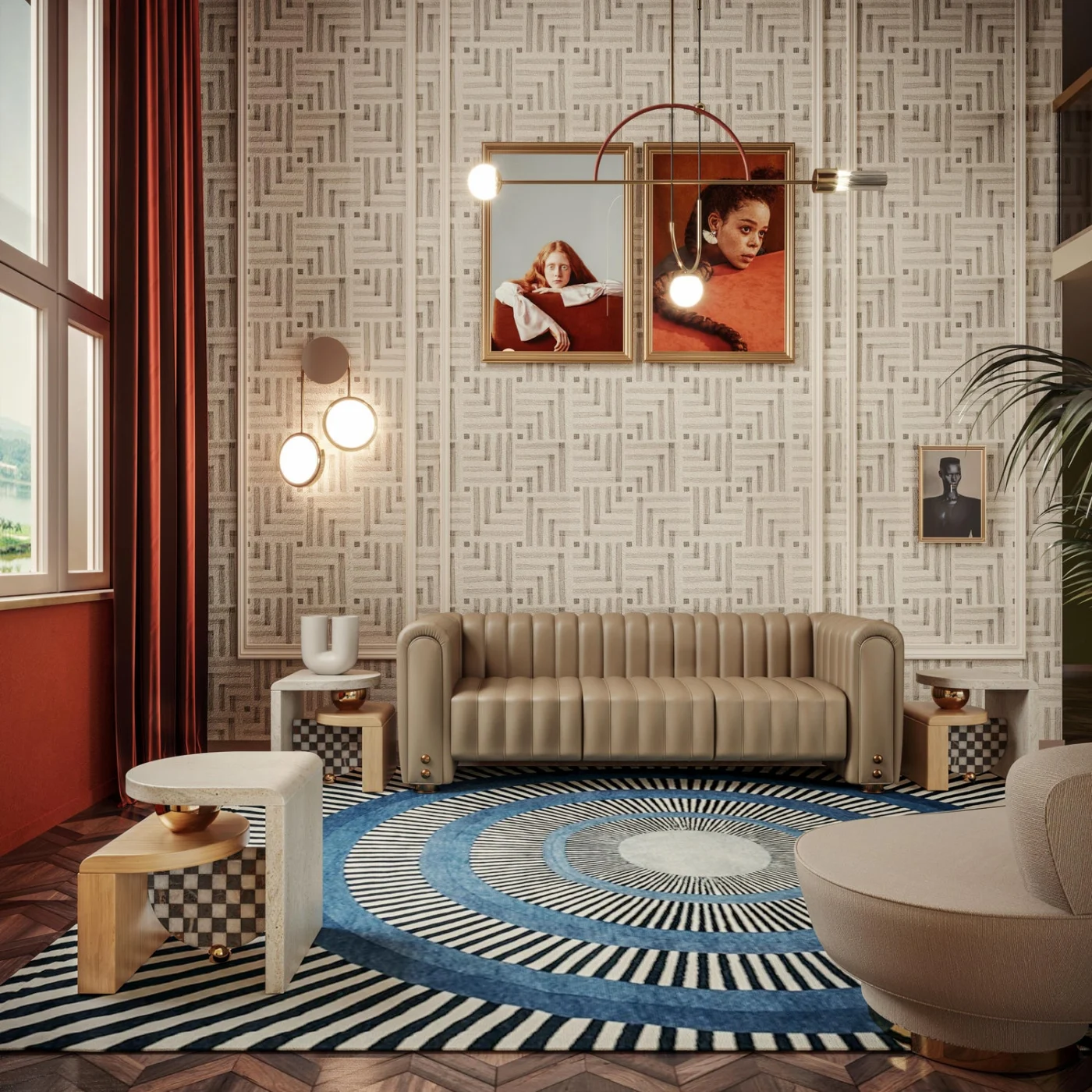 Memphis-Inspired Travertine Oak Bohld Side Table With Calactta Black & Gold Marble