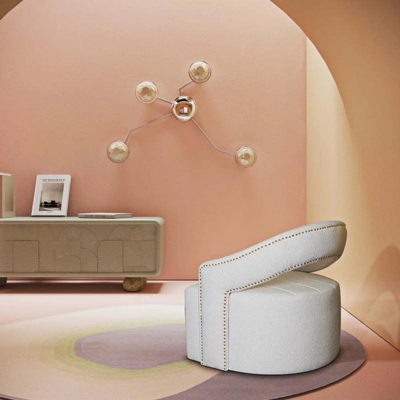 Mid-Century Modern Style Gene Armchair & Bouclé Polished Brass Nails