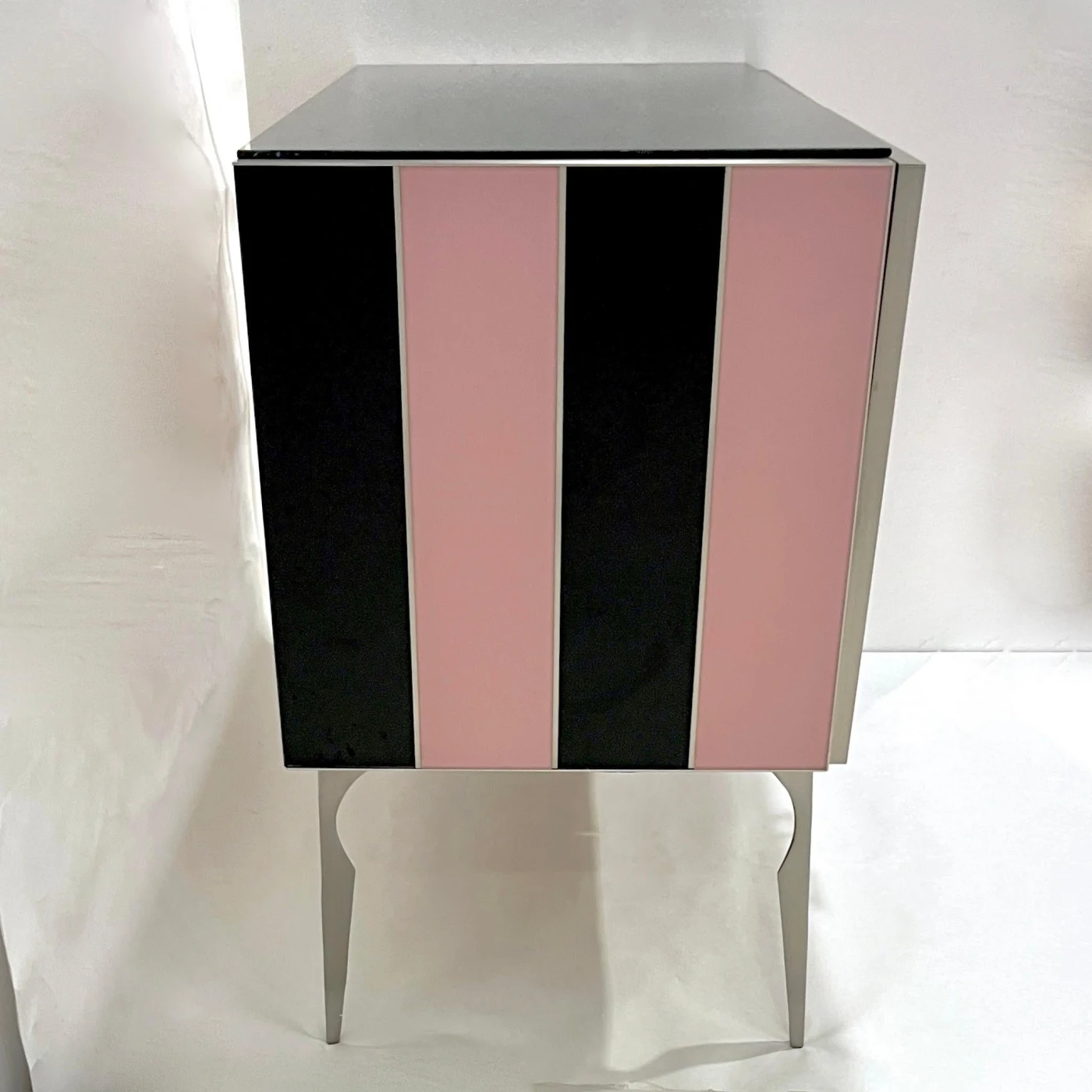 Art Deco Style Pink Black Stripe Glass Brass Cabinet Bar