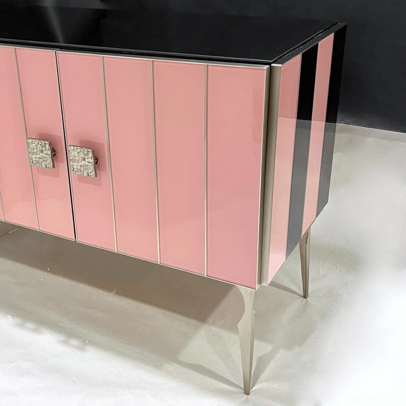 Art Deco Style Pink Black Stripe Glass Brass Cabinet Bar