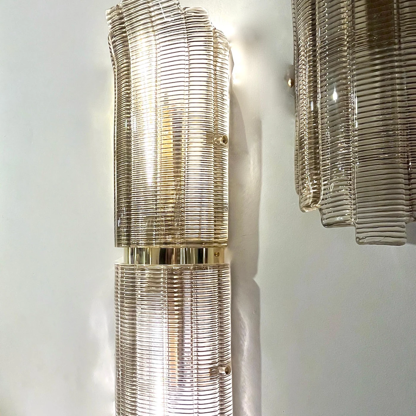 Pair of Smoked Texture Murano Glass Brass Wall Ceiling Lights