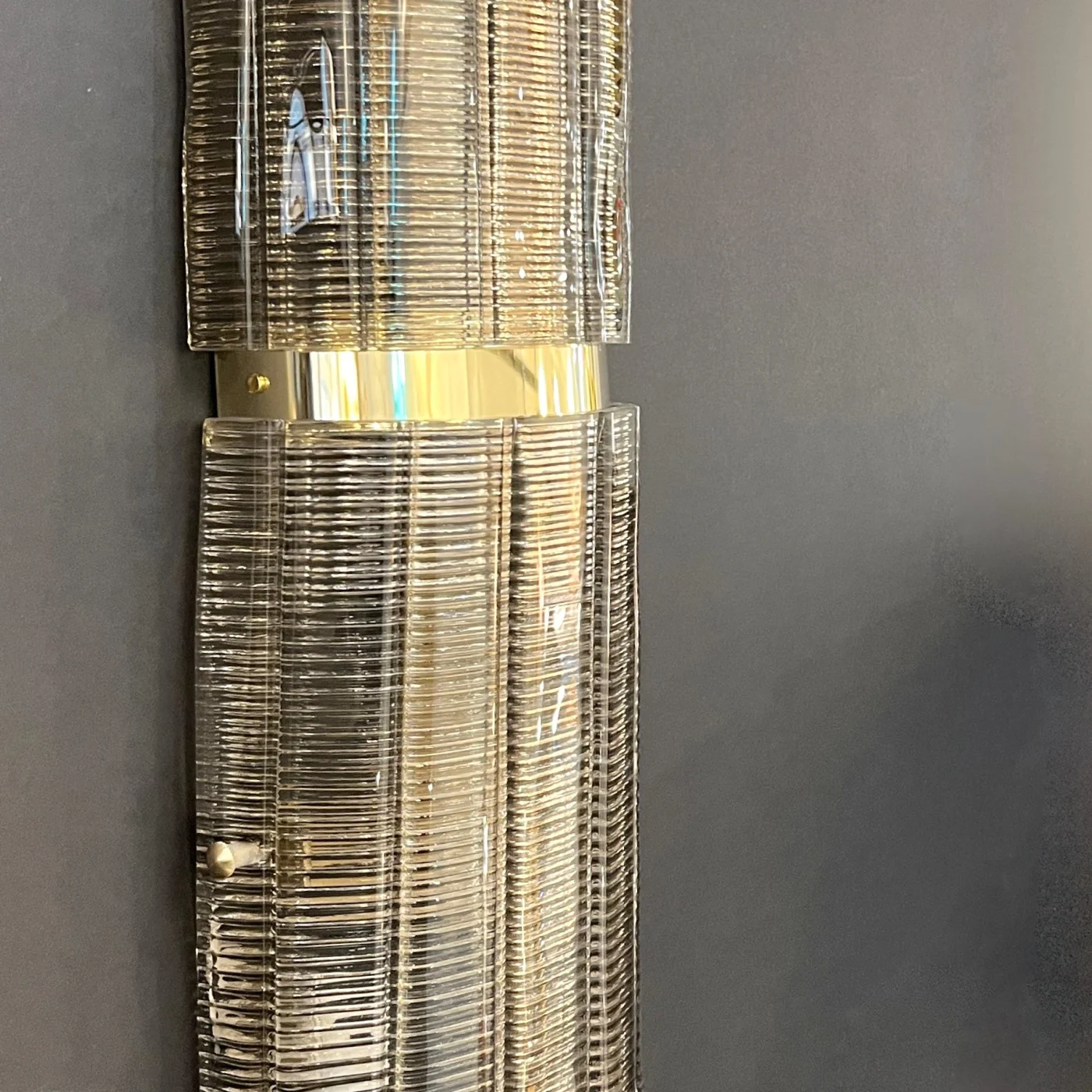 Pair of Smoked Texture Murano Glass Brass Wall Ceiling Lights