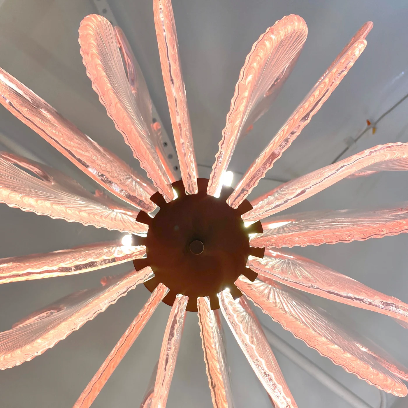 Modern Italian Wavy Pink Textured Murano Glass Satin Nickel Chandelier