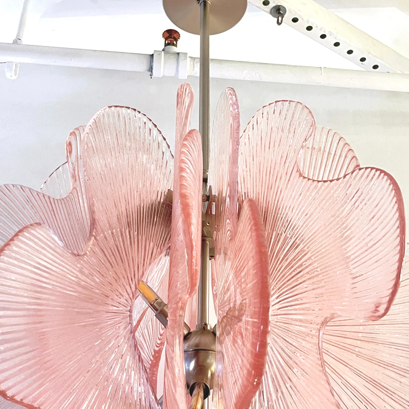 Modern Italian Wavy Pink Textured Murano Glass Satin Nickel Chandelier