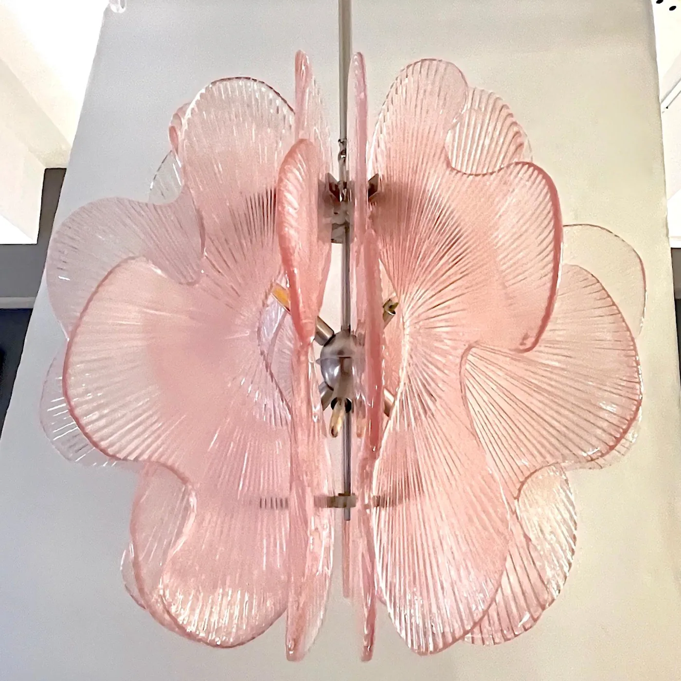 Modern Italian Wavy Pink Textured Murano Glass Satin Nickel Chandelier