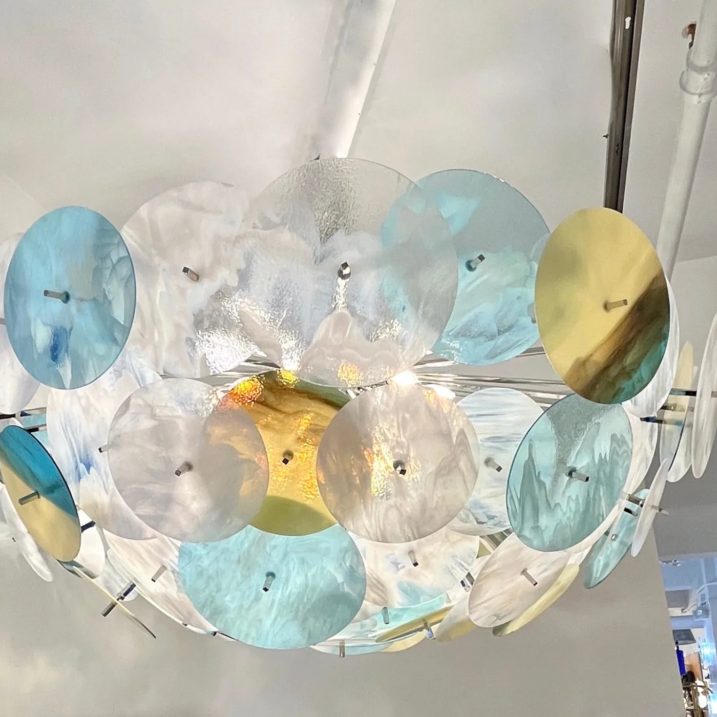 Modern Italian White Aqua Blue Yellow Murano Glass Nickel Sputnik Flushmount