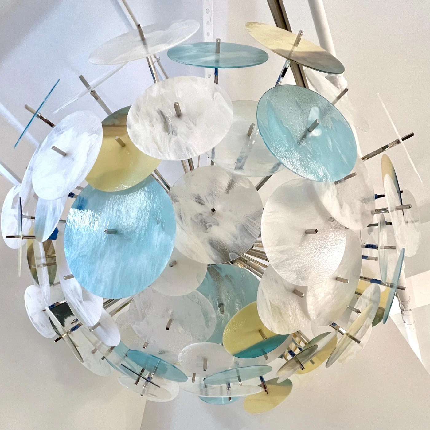 Modern Italian White Aqua Blue Yellow Murano Glass Nickel Sputnik Flushmount