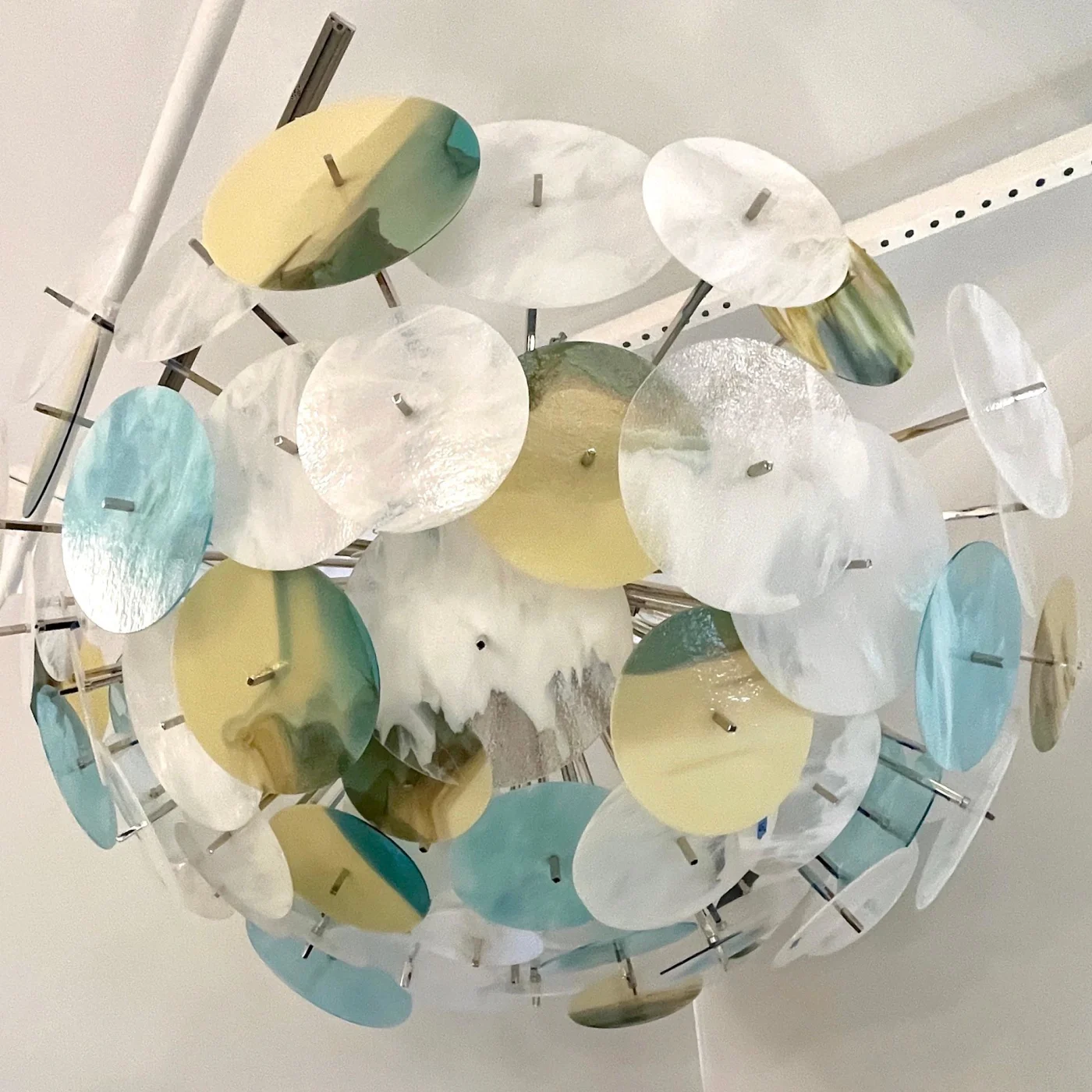 Modern Italian White Aqua Blue Yellow Murano Glass Nickel Sputnik Flushmount