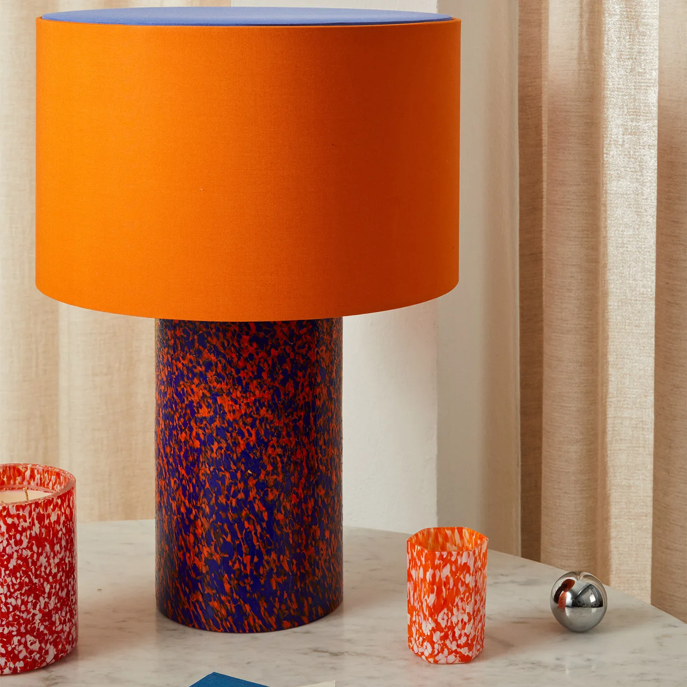 Orange & Blue Murano Glass Pillar Lamp with Cotton Lampshade