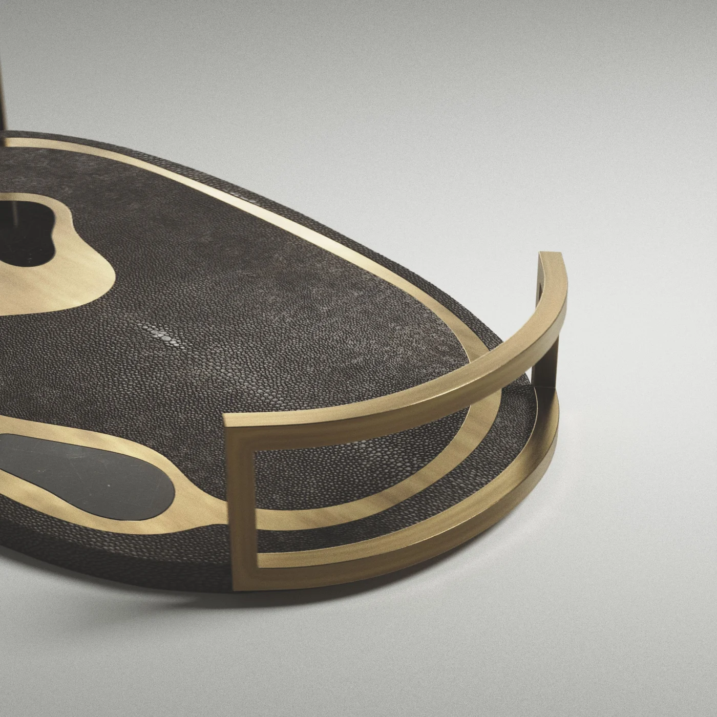 Coal Black Shagreen Oval Tray with Bronze-Patina Brass