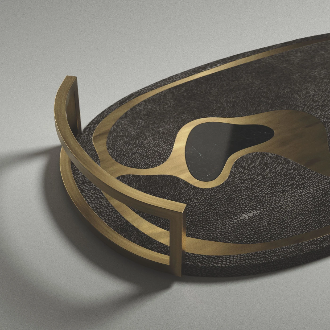 Coal Black Shagreen Oval Tray with Bronze-Patina Brass