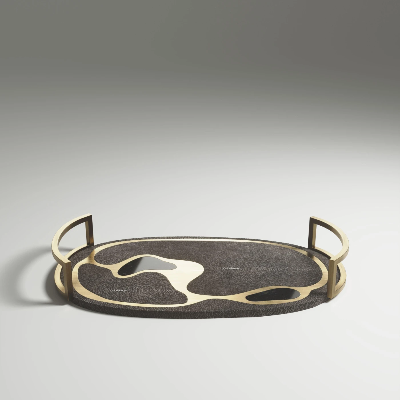 Coal Black Shagreen Oval Tray with Bronze-Patina Brass