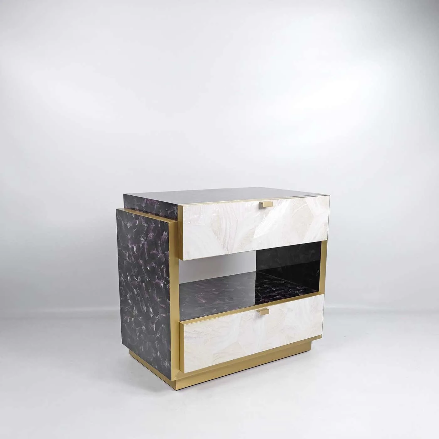 Pair of Bedside Tables In White & Purple Marquetry With Brass
